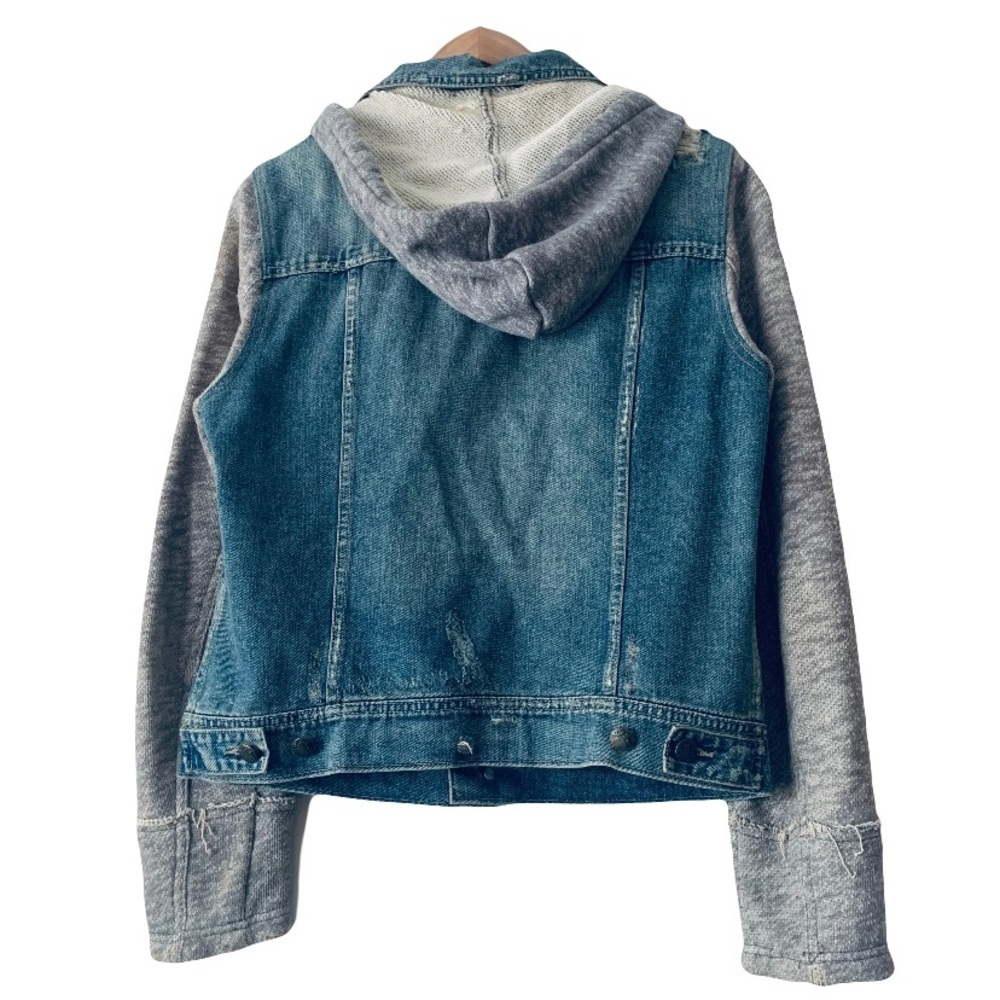 Free People Distressed Knit Hooded Jean Jacket Blue Gray Women’s L Y2k Grunge - Picture 4 of 10